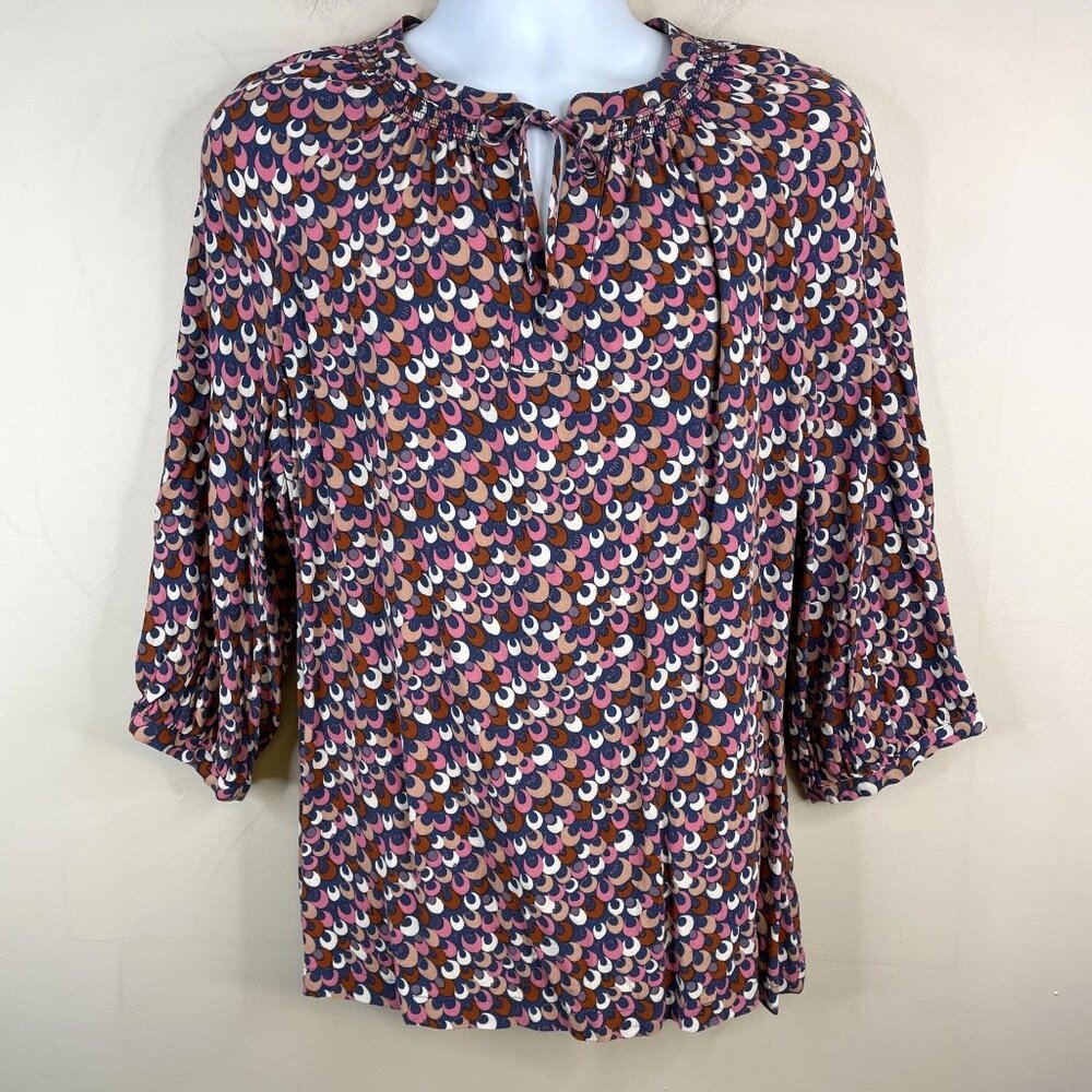 Boden Abstract Mod Tunic Top Womens 18 Smocked Keyhole Neck Colorful Casual Work